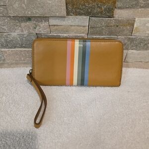 Fossil Tan Zip-Around Wristlet Wallet with Multi-Stripe Detail